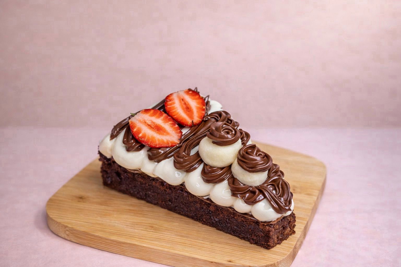 Brownie decorado com creme e morango